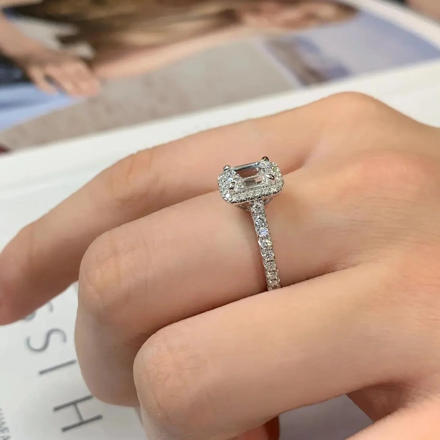 1.60TCW emerald solitaire lab grown diamond ring, halo pavé setting, IGI certified engagement ring, luxury wedding jewelry for her