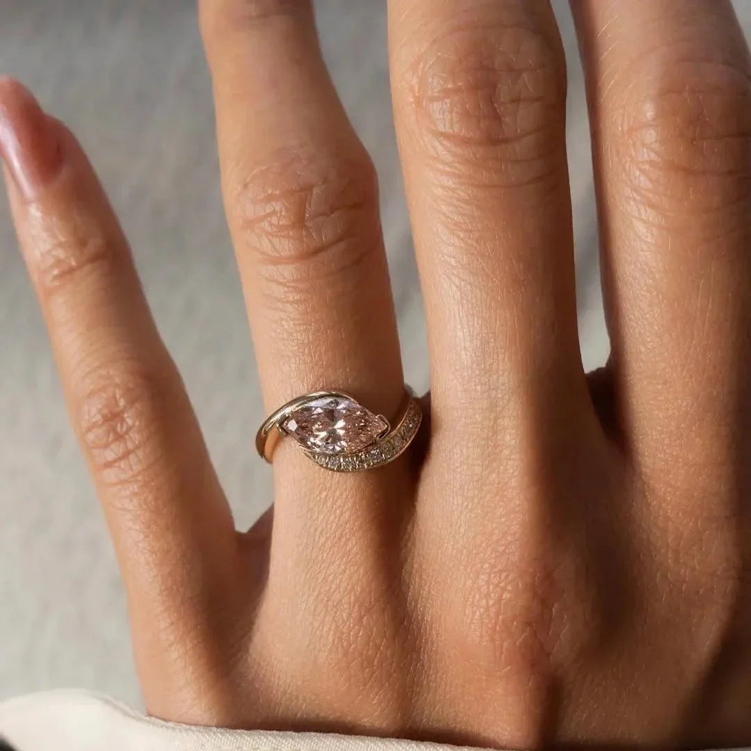 1.60TCW Fancy Pink Marquise Lab Grown Diamond Engagement Ring | Pavé Rapture Setting | IGI Certified 