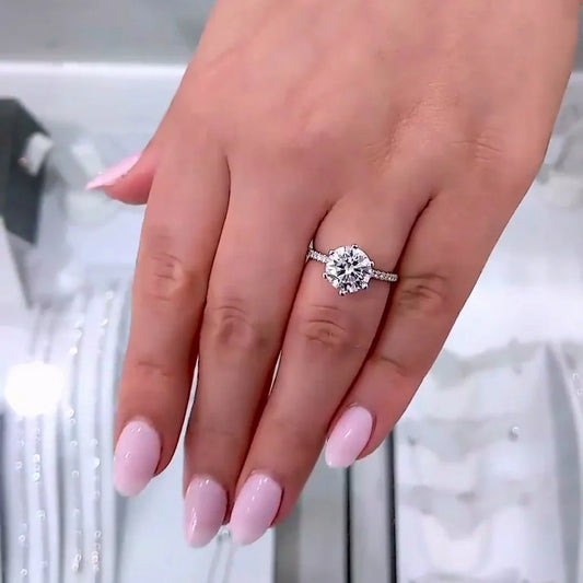 1.60TCW round lab grown diamond engagement ring, pavé solitaire with accents, IGI certified, bridal wedding jewelry, luxury ring