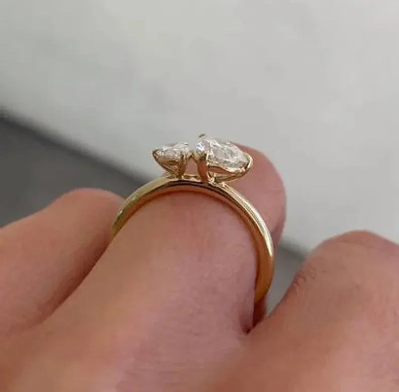 1.65 CT pear shaped lab grown diamond ring, Toi Et Moi engagement setting, IGI certified bridal promise ring for her