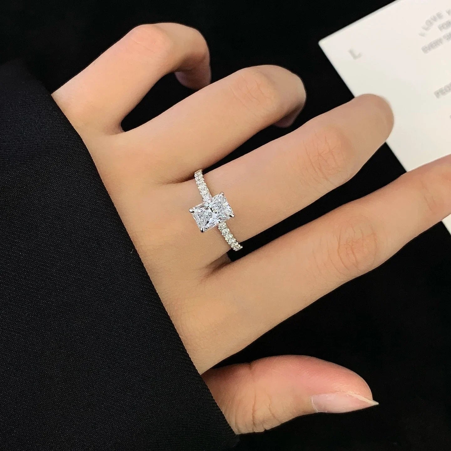Radiant cut lab created diamond ring 1.50 CT, pavé solitaire engagement ring, IGI certified wedding band, anniversary promise jewelry