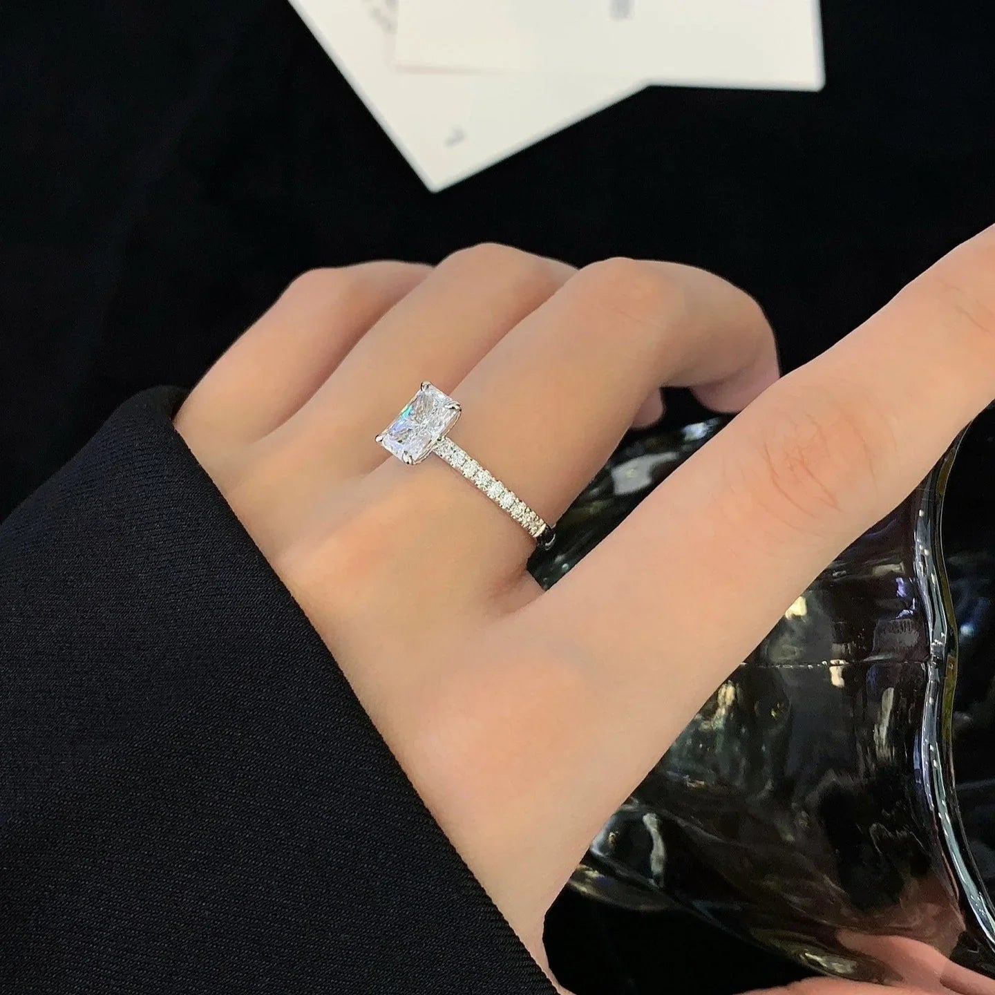 Radiant diamond ring with pavé band, 1.50 CT lab grown engagement ring, IGI certified anniversary gift, luxury bridal jewelry