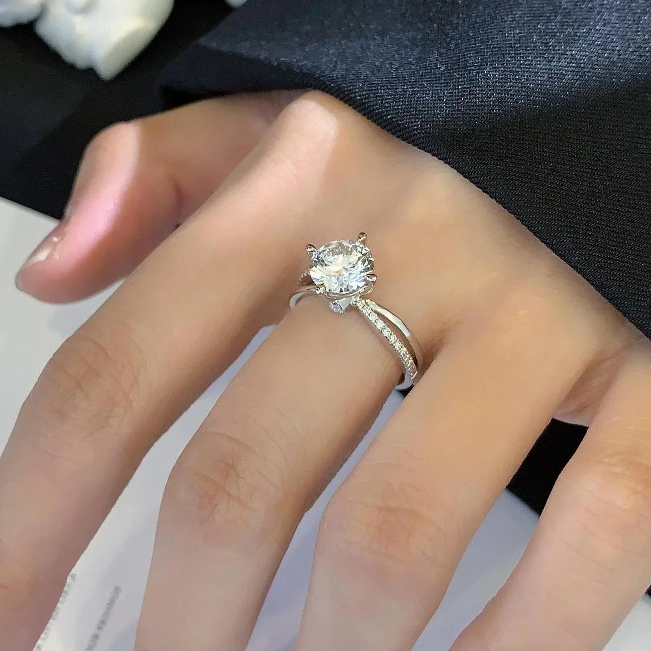IGI certified round lab grown diamond engagement ring, hidden halo solitaire, two tone wedding band, anniversary gift for women