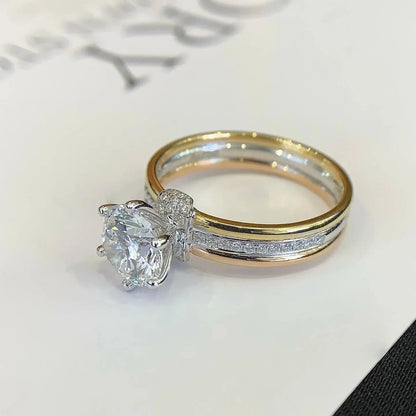 Round lab created diamond engagement ring, yellow gold and white gold setting, IGI certified bridal ring, luxury wedding jewelry