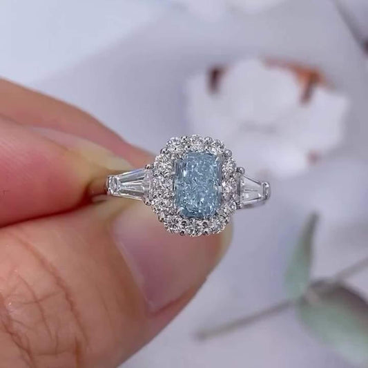 1.75 TCW Fancy Blue Radiant Lab Grown Diamond Engagement Ring | Three Stone Halo Ring | IGI Certified 