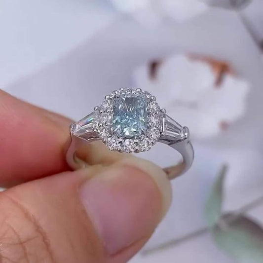 Fancy blue radiant cut lab grown diamond ring, halo three stone engagement ring, IGI certified wedding jewelry, promise ring for her