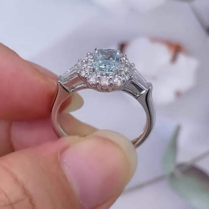 Fancy blue radiant lab grown diamond engagement ring, three stone halo bridal ring, IGI certified wedding ring, fine jewelry for her