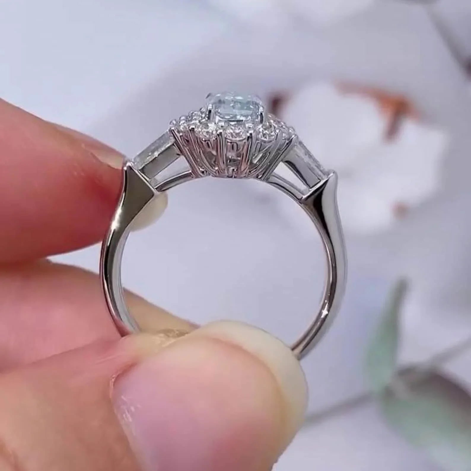 1.75TCW Radiant Fancy Blue Lab Grown Diamond Engagement Ring | Halo Three-Stone Setting | IGI Certified 