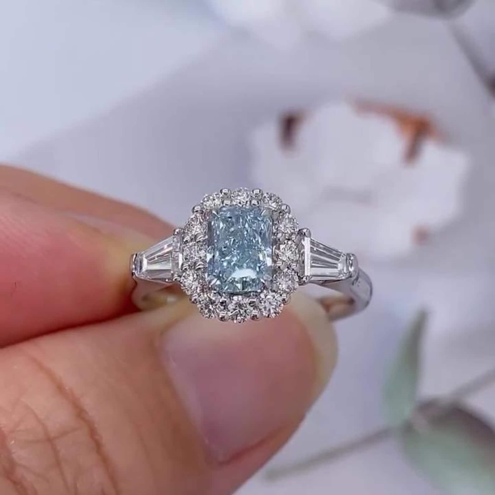 1.75TCW Radiant Fancy Blue Lab Grown Diamond Engagement Ring | Halo Three-Stone Setting | IGI Certified 