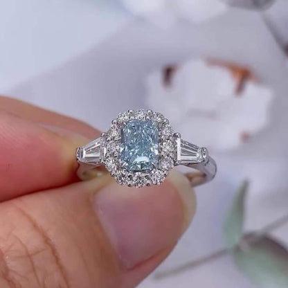 1.75TCW Radiant Fancy Blue Lab Grown Diamond Engagement Ring | Halo Three-Stone Setting | IGI Certified 