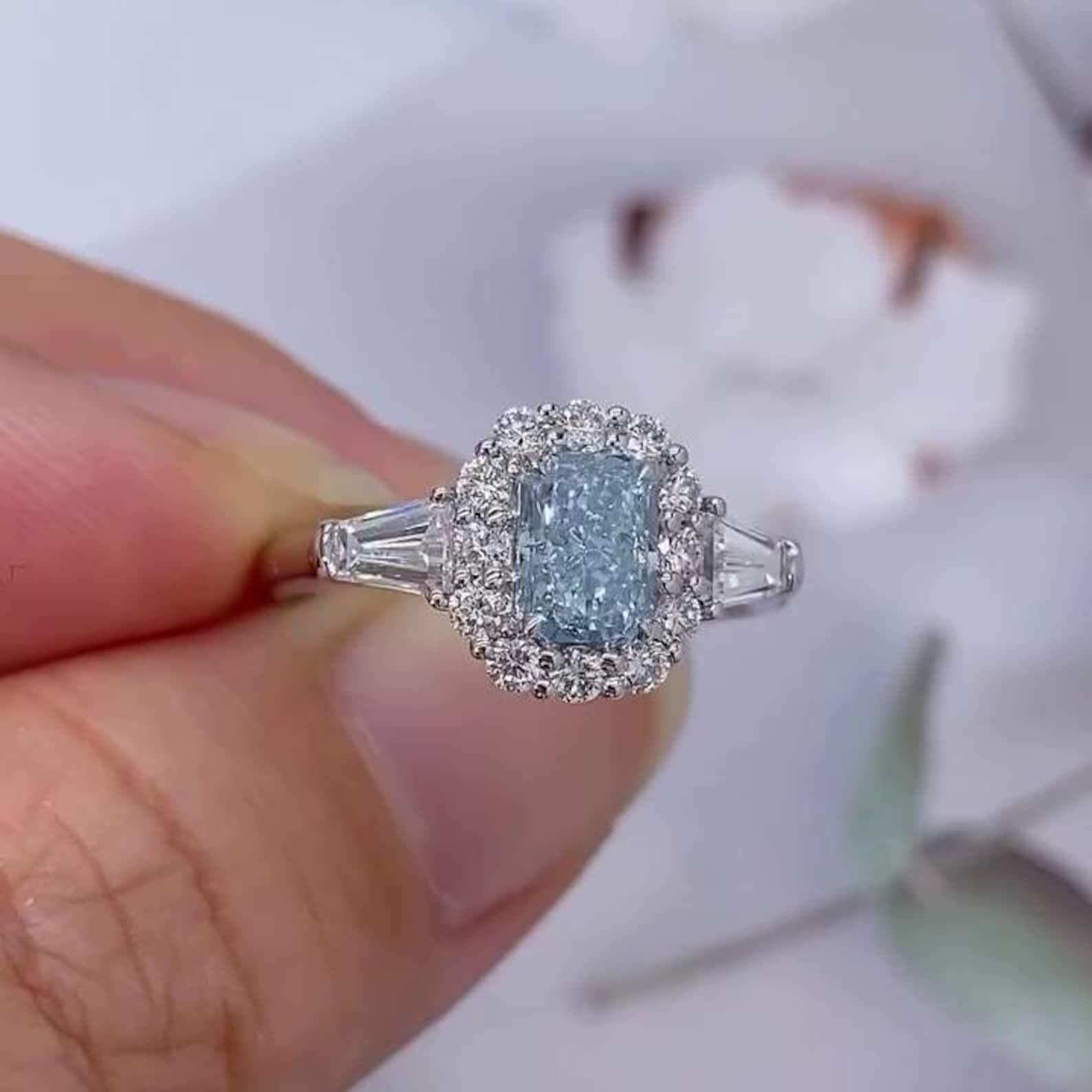 1.00 CT radiant fancy blue lab grown diamond engagement ring, halo three stone setting, IGI certified bridal jewelry for women
