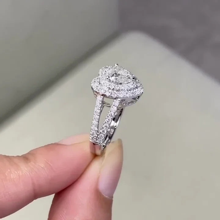 Heart cut lab grown diamond engagement ring, double halo split shank ring, IGI certified bridal jewelry, promise ring for women