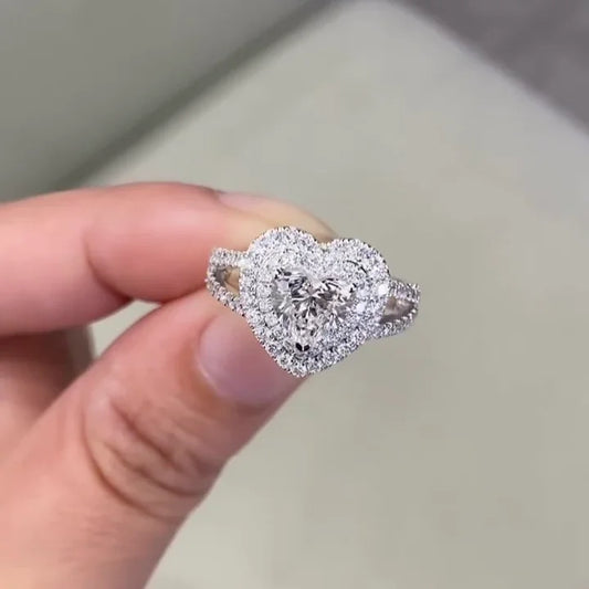 1.80 TCW heart cut lab grown diamond engagement ring, double halo split shank design, IGI certified bridal jewelry for women