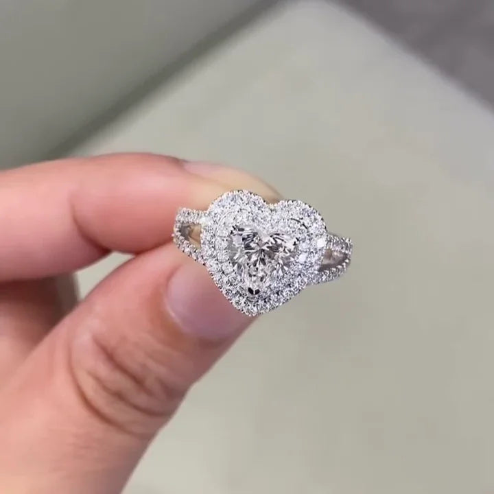 1.50 CT Heart Cut Lab Grown Diamond Engagement Ring | Double Halo & Split Shank Design | IGI Certified
