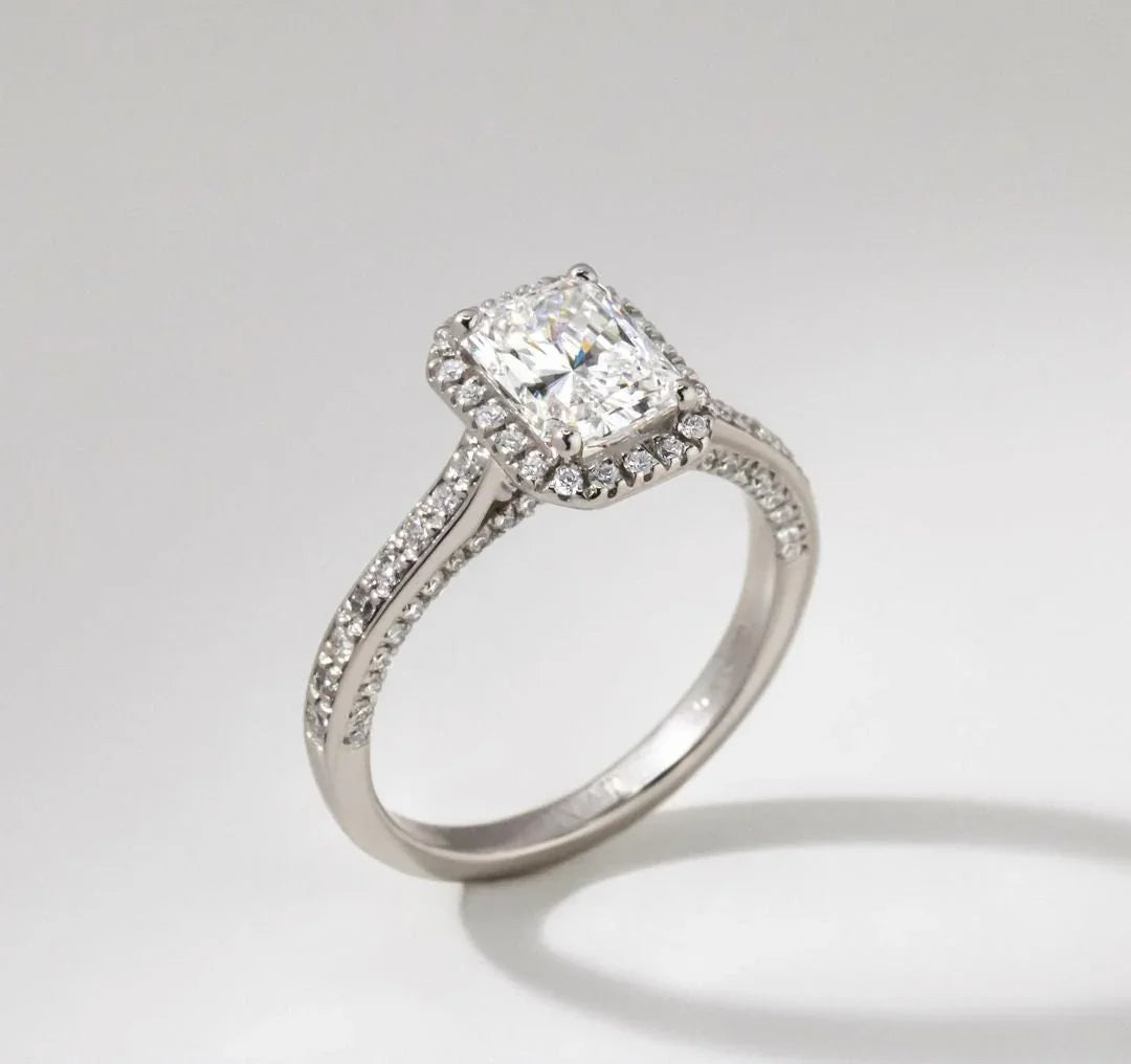 1.50 CT radiant cut lab created diamond ring, pavé halo setting, elegant bridal jewelry, promise ring for women