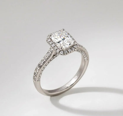 1.50 CT radiant cut lab created diamond ring, pavé halo setting, elegant bridal jewelry, promise ring for women