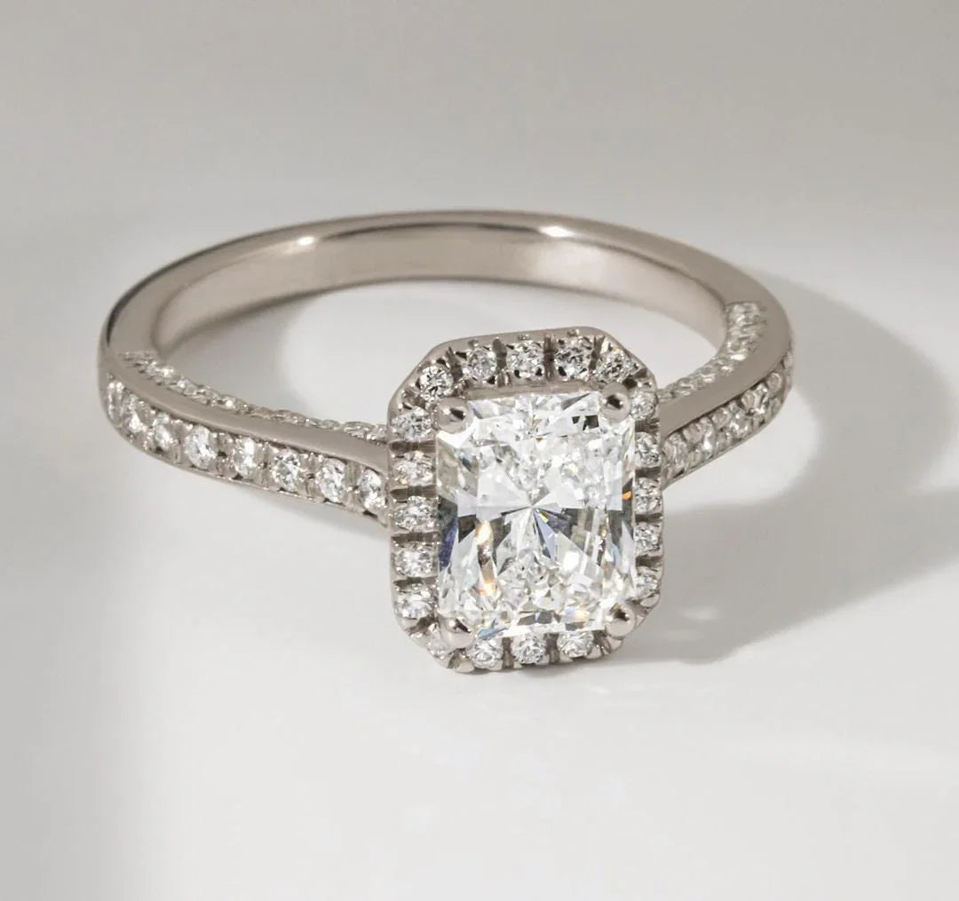 Radiant lab grown diamond engagement ring, pavé halo wedding ring, IGI certified bridal jewelry, luxury anniversary gift for her