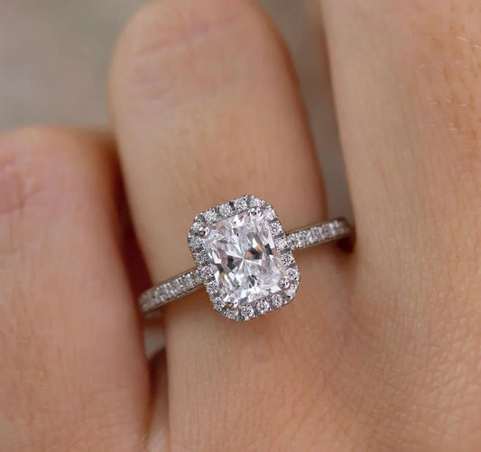 1.80 TCW radiant lab grown diamond engagement ring, pavé halo setting, IGI certified bridal jewelry, wedding ring for women