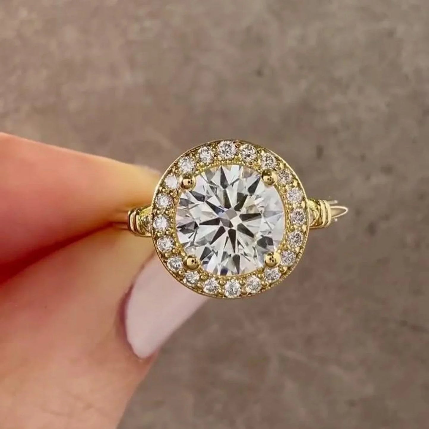 Round lab grown diamond engagement ring, antique style halo ring, IGI certified bridal jewelry, vintage promise ring, sustainable wedding band