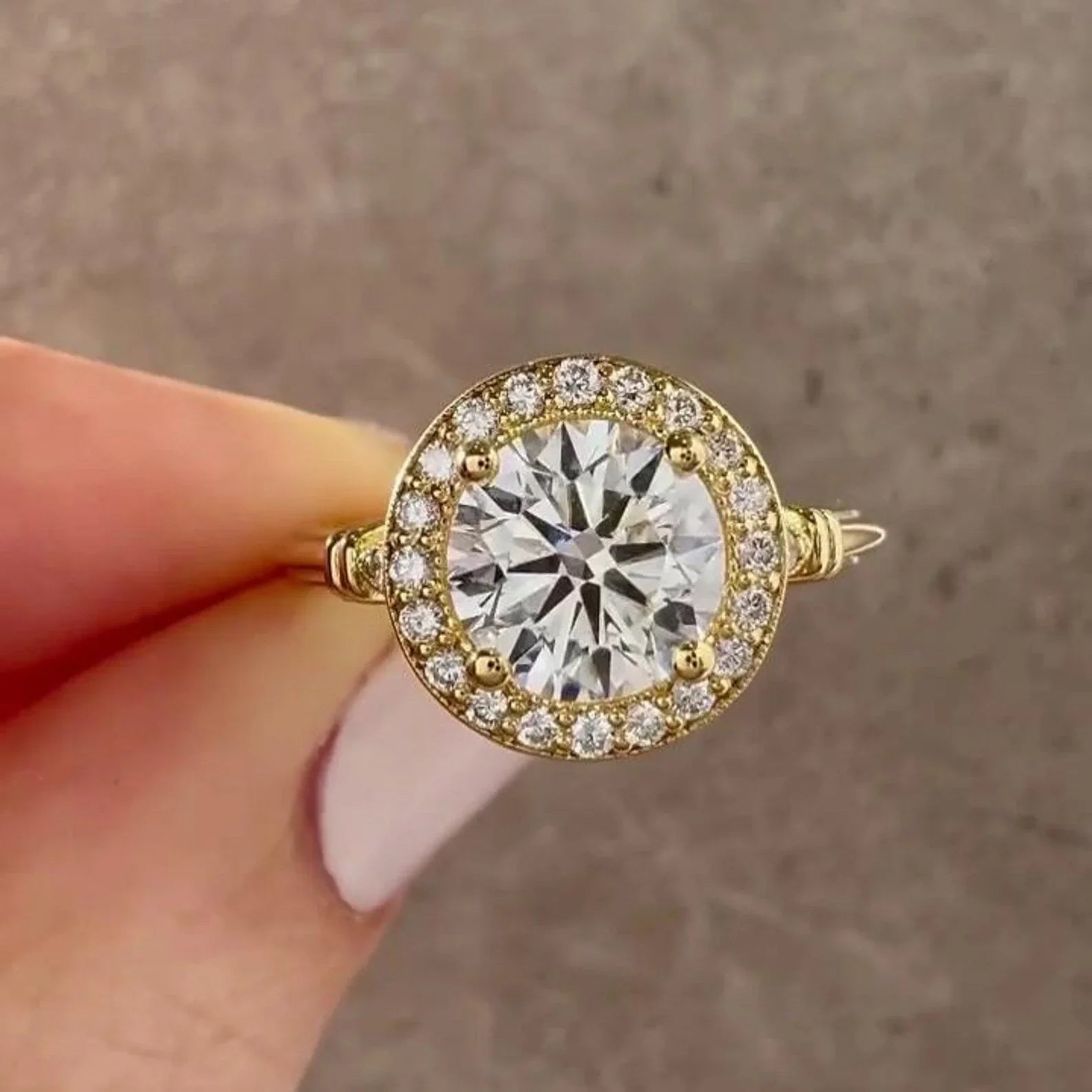 Round lab grown diamond engagement ring, antique style halo ring, IGI certified bridal jewelry, vintage promise ring, sustainable wedding band