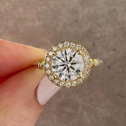 Round lab grown diamond engagement ring, antique style halo ring, IGI certified bridal jewelry, vintage promise ring, sustainable wedding band