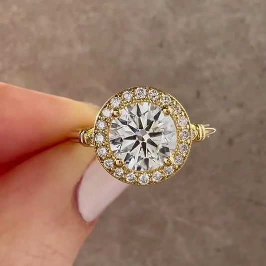 Round lab grown diamond engagement ring, antique style halo ring, IGI certified bridal jewelry, vintage promise ring, sustainable wedding band