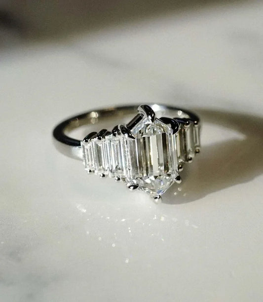 Elongated hexagon lab grown diamond ring, luxury engagement ring, wedding ring for women, anniversary gift, ethical bridal jewelry, solitaire ring