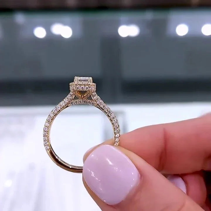 IGI certified 1.80TCW emerald lab diamond engagement ring with cathedral halo, pavé wedding band, elegant solitaire ring for bride