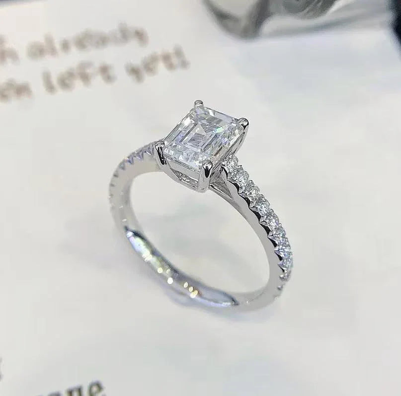 1.50CT emerald cut lab grown diamond ring, white gold pavé engagement ring, IGI certified solitaire, bridal wedding jewelry for her
