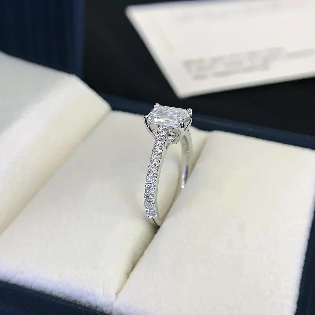 IGI certified emerald lab grown diamond ring, white gold solitaire engagement ring, pavé band bridal jewelry, luxury wedding ring
