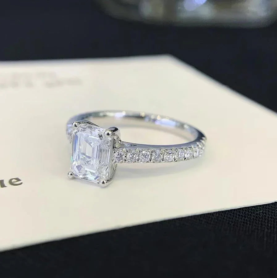 1.80TCW Emerald Lab Grown Diamond Engagement Ring | Solitaire Pavé White Gold Setting | IGI Certified 