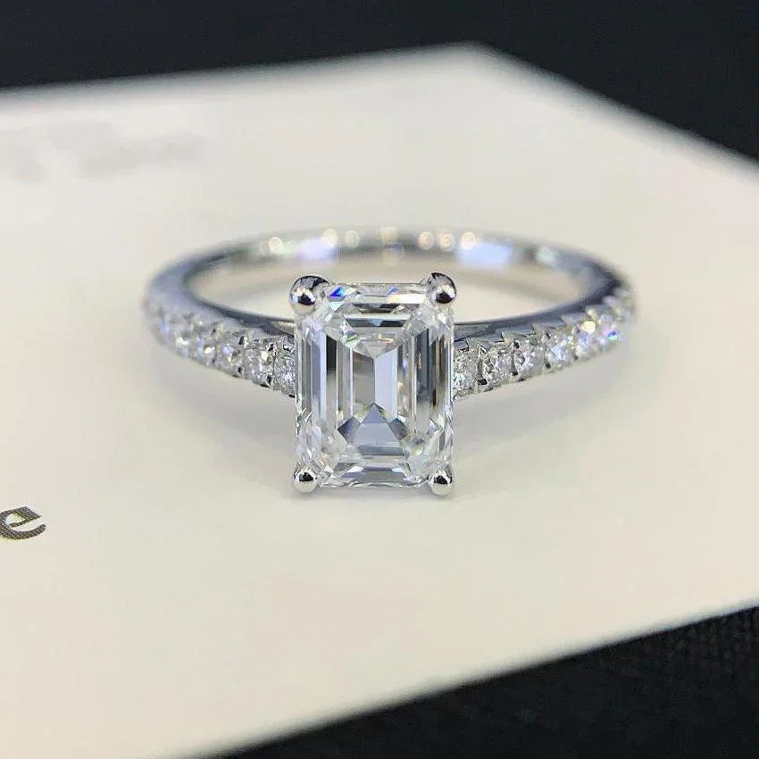 1.80TCW Emerald Lab Grown Diamond Engagement Ring | Solitaire Pavé White Gold Setting | IGI Certified 