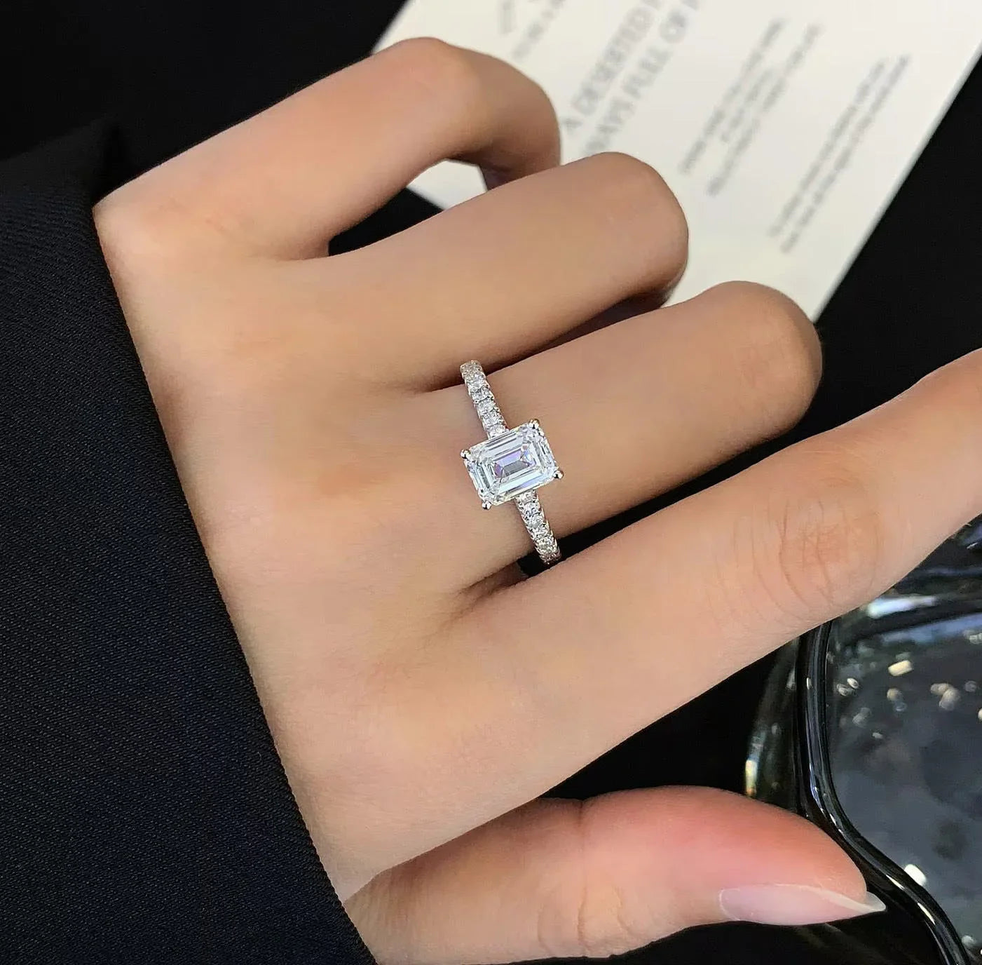 Emerald lab grown diamond engagement ring, solitaire pavé white gold ring, IGI certified diamond, bridal jewelry, luxury promise ring for women