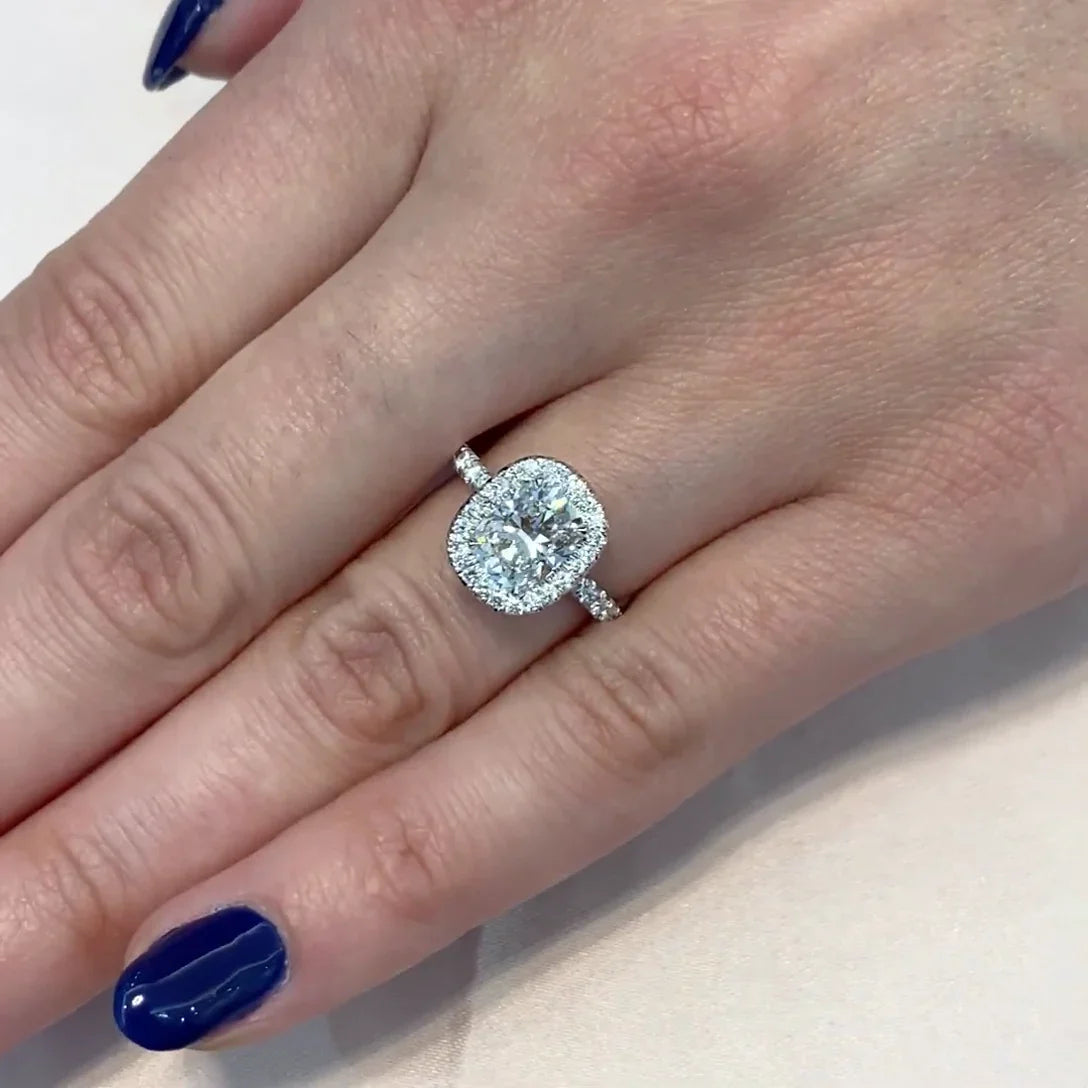 Elegant cushion lab grown diamond ring, halo white gold engagement ring, IGI certified wedding jewelry, anniversary gift for women