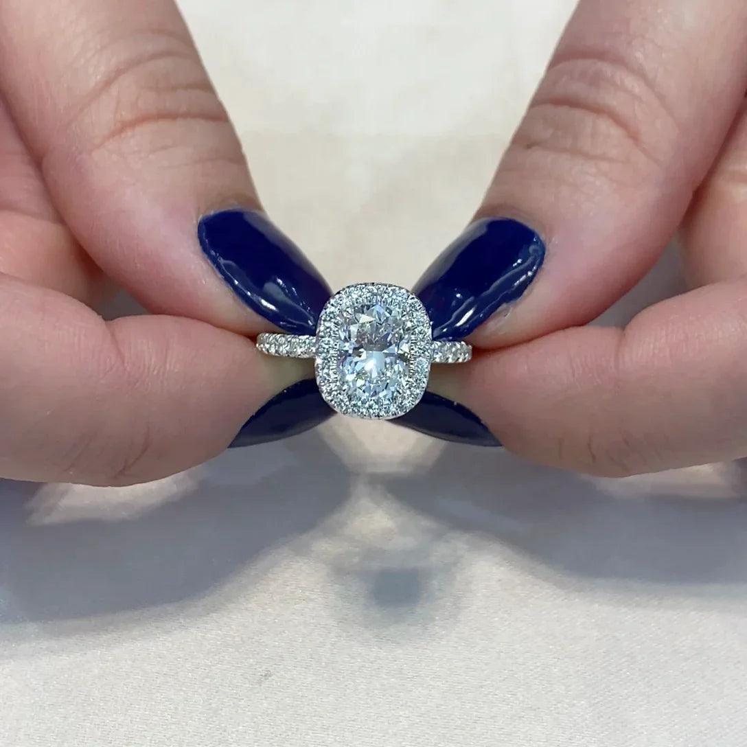 Cushion lab grown diamond engagement ring, halo white gold setting, IGI certified bridal jewelry, luxury wedding ring for women