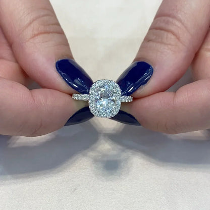 Cushion lab grown diamond engagement ring, halo white gold setting, IGI certified bridal jewelry, luxury wedding ring for women