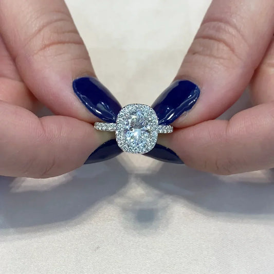 Cushion lab grown diamond engagement ring, halo white gold setting, IGI certified bridal jewelry, luxury wedding ring for women