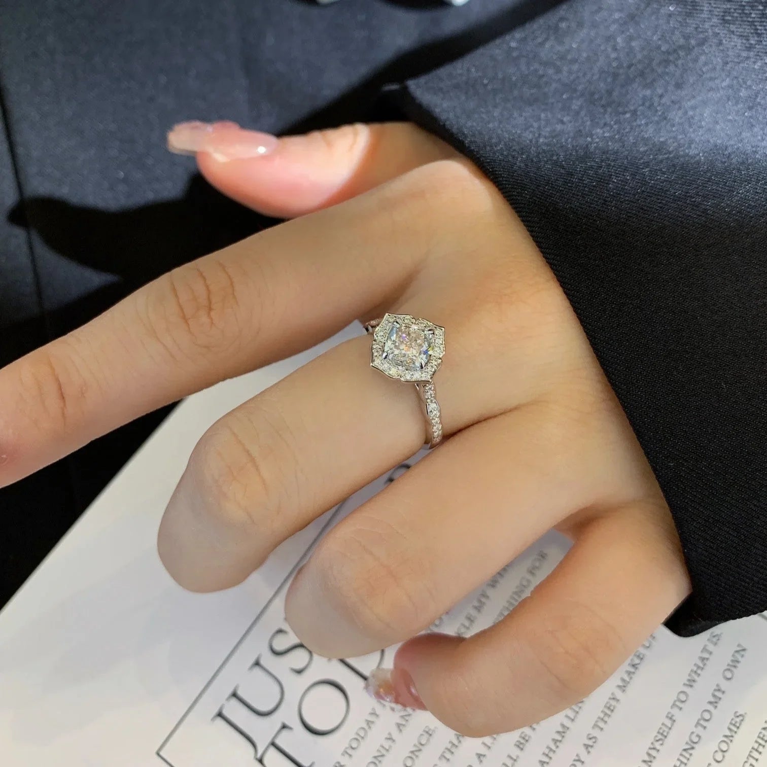 IGI certified cushion diamond engagement ring, lab grown halo cathedral ring, elegant bridal jewelry, luxury ring for women