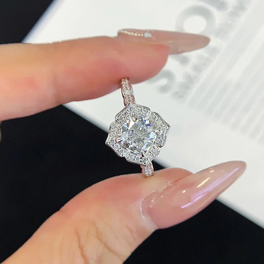 Cushion lab grown diamond engagement ring, halo cathedral setting, IGI certified bridal jewelry, luxury wedding ring for women