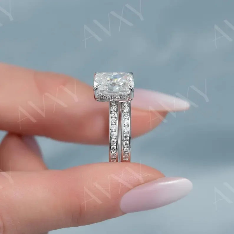IGI certified cushion cut lab grown diamond engagement ring, double pave band, hidden halo bridal statement ring for women