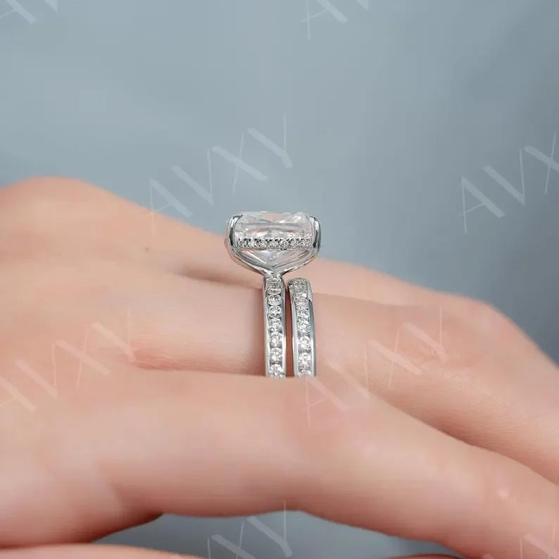 Cushion lab grown diamond engagement ring, 2.00 CT hidden halo double pave band, IGI certified luxury wedding jewelry