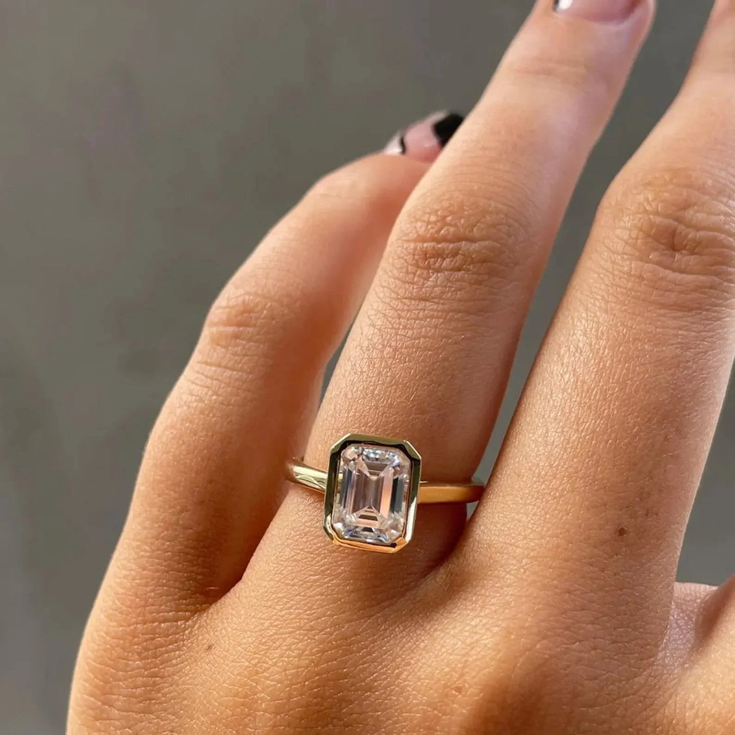 IGI certified emerald cut lab grown diamond ring, cathedral bezel setting gold engagement ring, elegant wedding jewelry for women