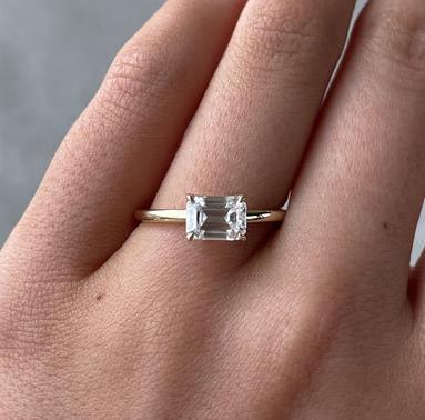 Emerald cut lab created diamond ring, 2ct east-west set solitaire engagement ring, IGI certified elegant bridal jewelry for her