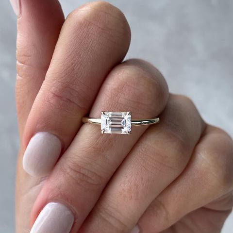 2.00 CT emerald lab grown diamond engagement ring, east-west solitaire setting, IGI certified luxury bridal jewelry wedding ring for women
