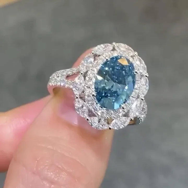 2ct oval fancy blue lab grown diamond engagement ring, halo setting, IGI certified elegant wedding jewelry and bridal ring for women