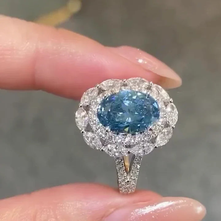 Oval fancy blue lab grown diamond halo ring, 2.00 CT IGI certified engagement ring, elegant luxury bridal jewelry for women