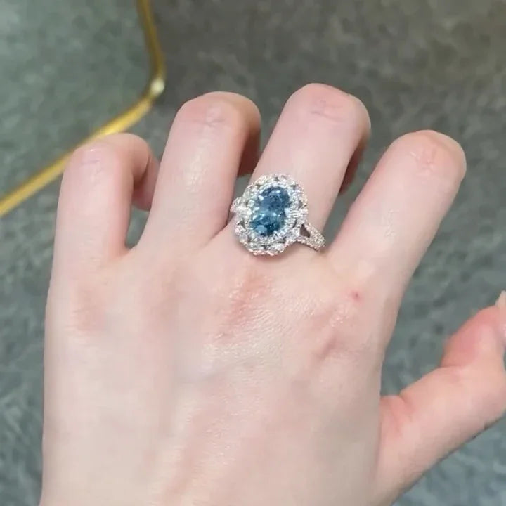 2.00 CT Fancy Blue Oval Lab Grown Diamond Engagement Ring | Halo Ring | IGI Certified 