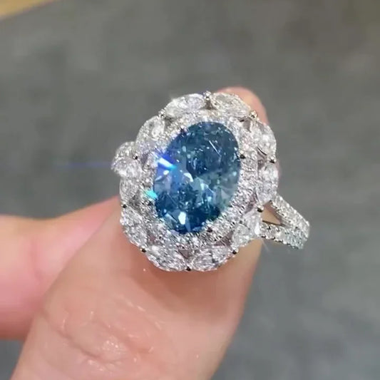 2.00 CT fancy blue oval lab grown diamond engagement ring, halo setting, IGI certified luxury bridal jewelry, wedding ring for women