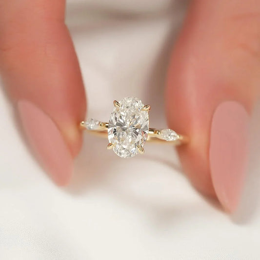 2.00ct oval cut lab grown diamond engagement ring side marquise accents IGI certified bridal ring ethical sustainable luxury proposal fine jewelry solitaire