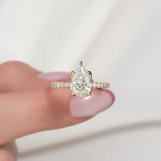 2.00 CT pear cut lab grown diamond engagement ring with pave band, hidden halo, IGI certified bridal ring, solitaire style, women's diamond wedding ring